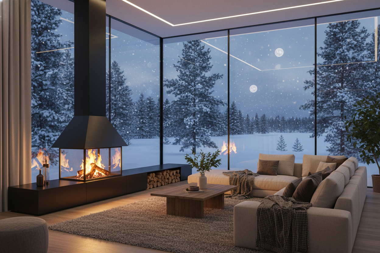 image d'un grand et vaste salon en hiver mais avec un feu de bois allumé dans le cheminé moderne du salon