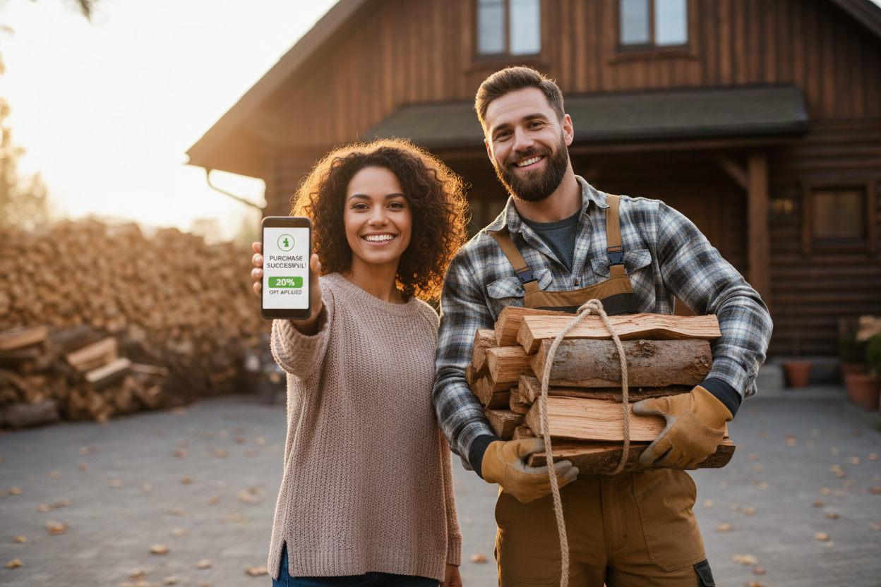 Une dame contente après avoir effectué un achat en ligne avec une réduction, son téléphone en main et le livreur de bois de chauffage a coté d'elle avec le sourire